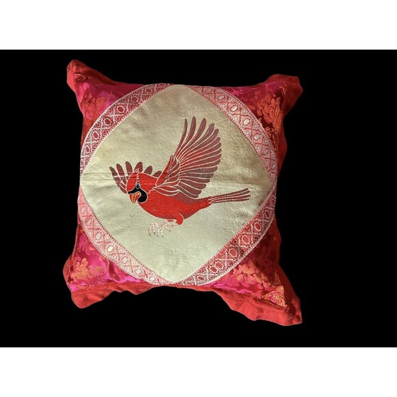 Vtg Hand Painted Cardinal Bird Square Pillow 15”x15”  tan red Leather/Satin - Picture 2 of 10